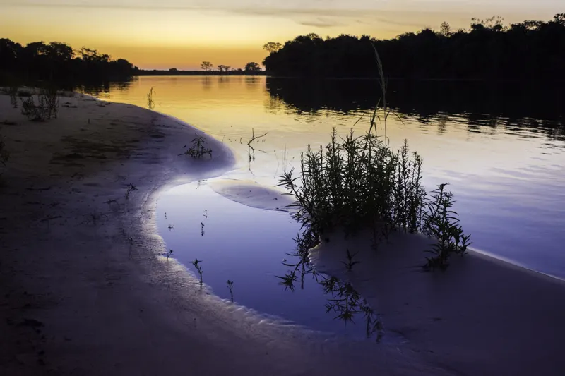 Margem de areia do rio em Porto Jofre, no Pantanal, ao pôr do sol