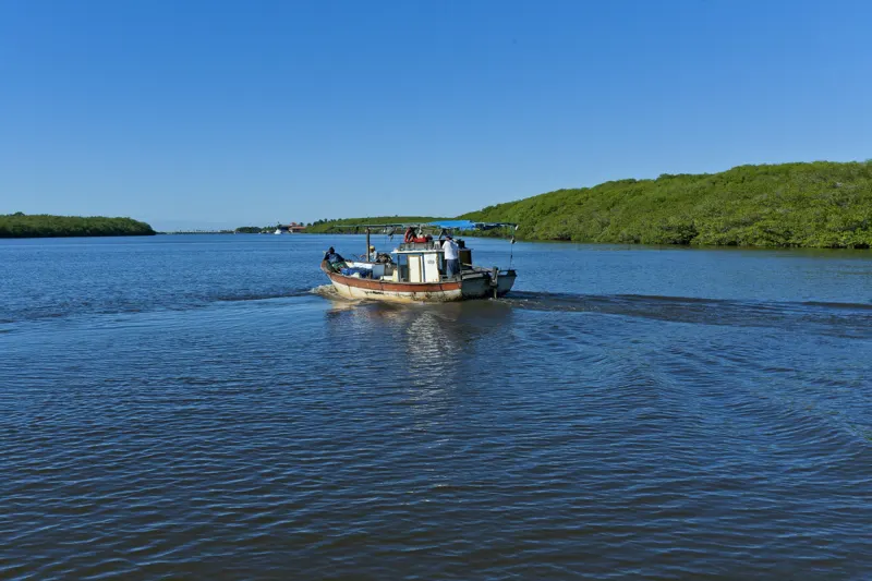 Barco de pesca saindo para o mar